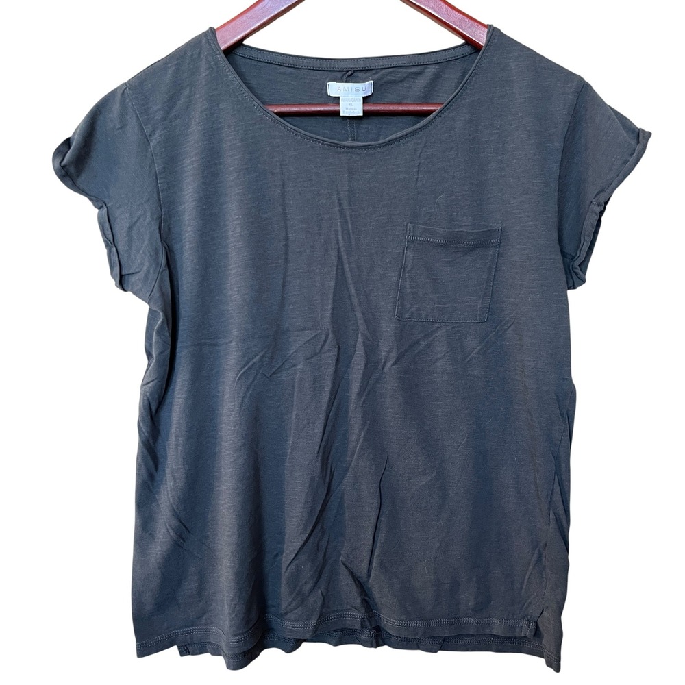 AMISU Womens XL Charcoal Gray Short Sleeve Pocket Tee Scoop Neck Slub T-Shirt